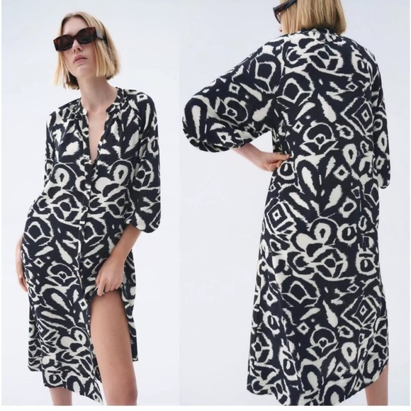 Zara Graphic Button-front Midi Dress W-994 Size XS - Picture 1 of 8